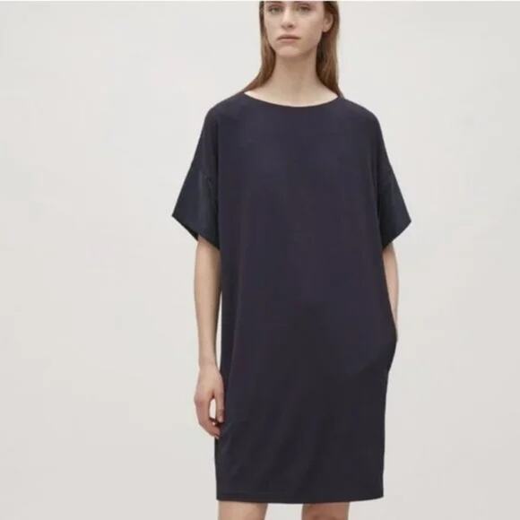 COS Navy Blue Short Flutter Sleeve Wide Round Neck Shift Jersey Dress XS NWT - Picture 2 of 11